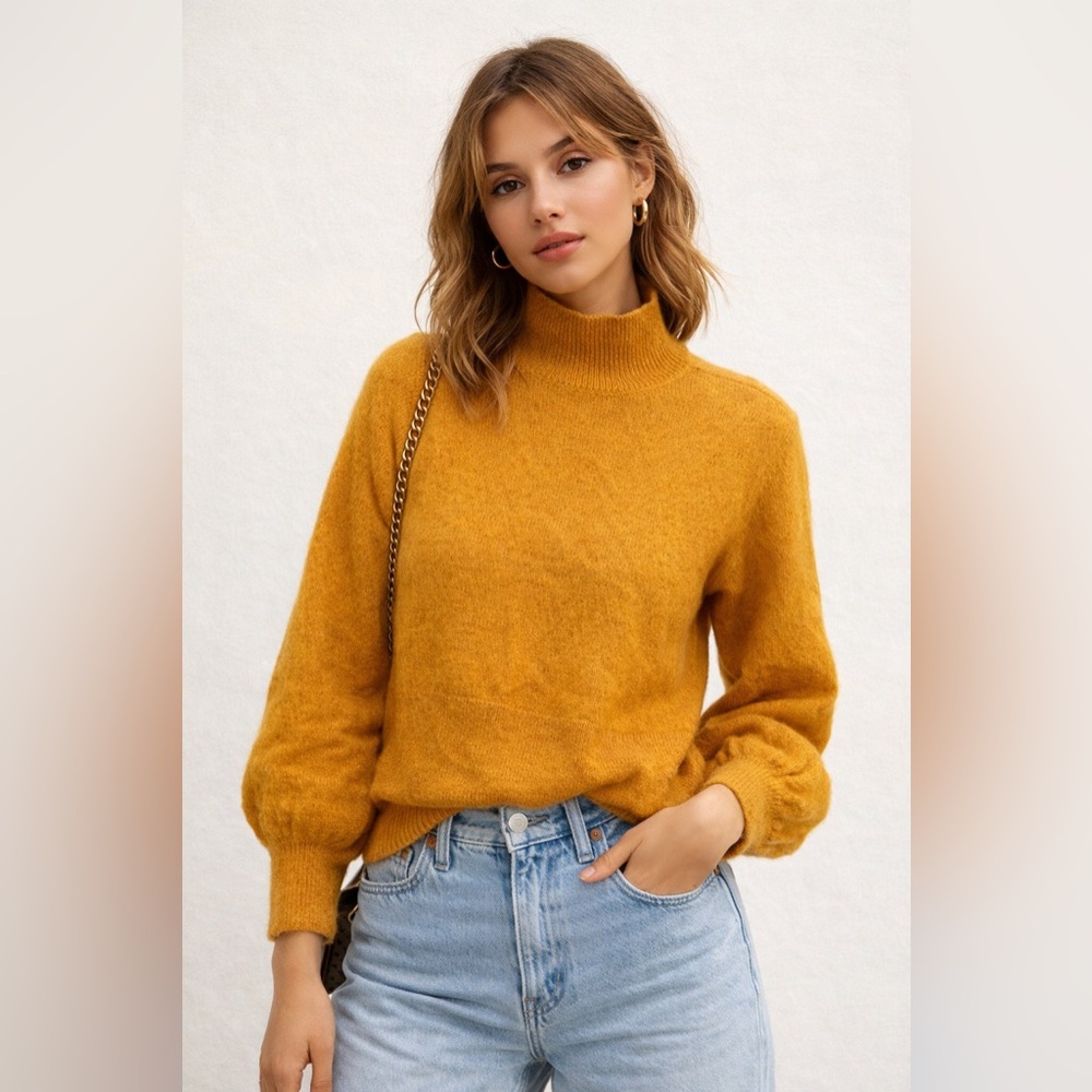 Just Mustard Yellow Wool Mohair Blend Theo‎ Knit Sweater Sz. S